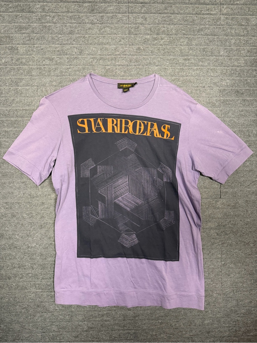 Diesel men’s Black Gold Lavender Graphic Tee with Black Panel and Orange Print